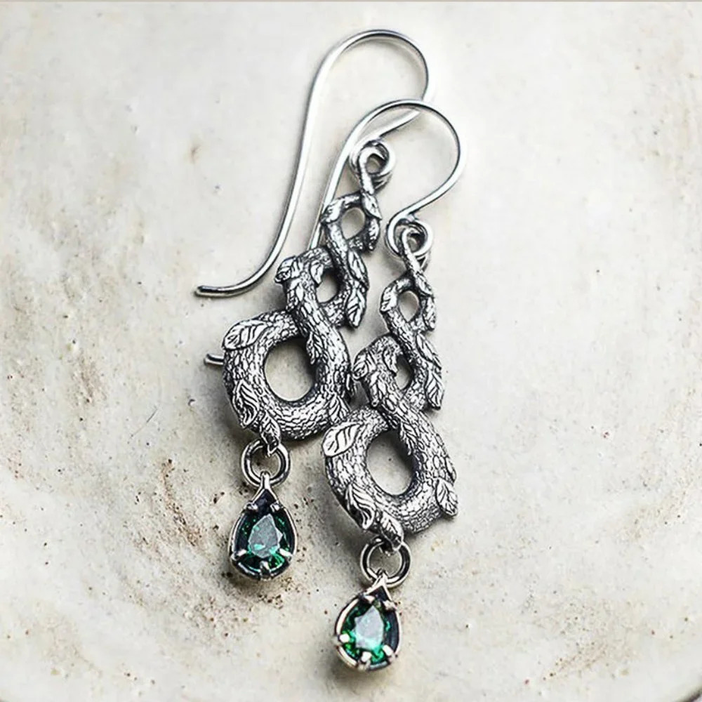 💎Ethnic Twisted Retro Silver Plated Waterdrop Emerald Gemstone Leaf UNVN12484